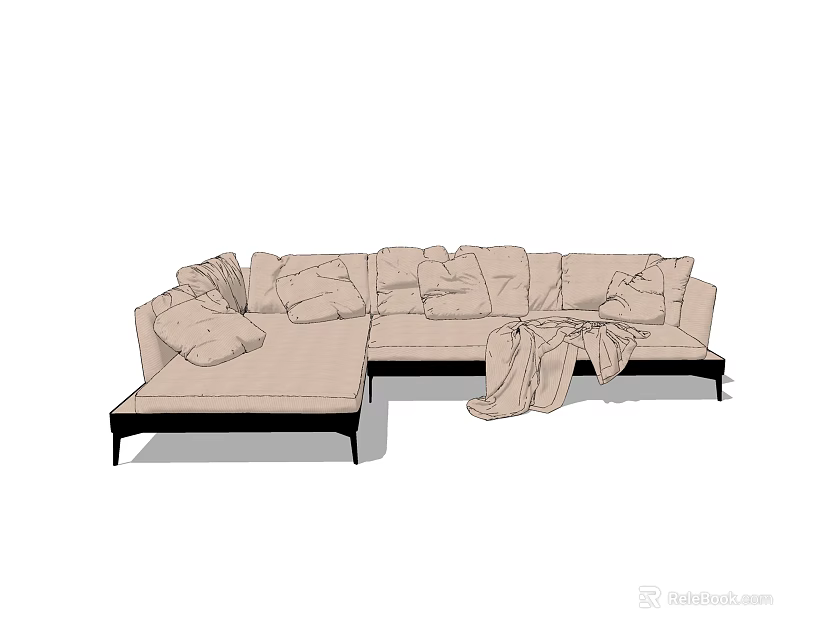 Comfortable L Shaped Sectional Sofa With Multiple Cushions And Blanket 3d model