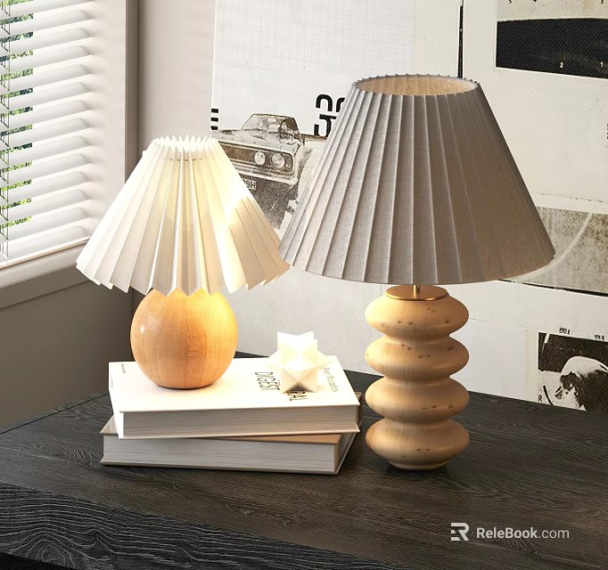 Modern Table Lamps with Wooden Bases and White Gray Pleated Shades on Books 3d model 