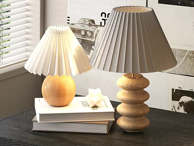 Modern Table Lamps with Wooden Bases and White Gray Pleated Shades on Books 3d model