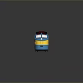 Blue and Yellow Electric Train with White Windows Red Roof Details Black Wheels and Reflection