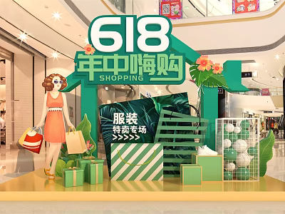 618 Mid Year Shopping Promotion Display With Clothing Womens Wear Shopping Bags And Gift Boxes 3d model