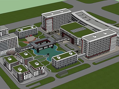 Modern Architectural Complex With Green Roofs Water Pool And Plaza Design 3d model