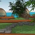 Outdoor Leisure Space With Wooden Walkways Green Trees Round Bamboo Pavilions Stone Paths And Fences