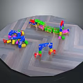 Colorful Children's Building Blocks With Various Shapes And Play Structures On Wooden Floor