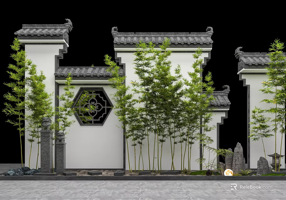 Traditional Chinese Garden Wall With Grey Roof Tiles Hexagonal Window Bamboo And Stone Lantern 3d model 