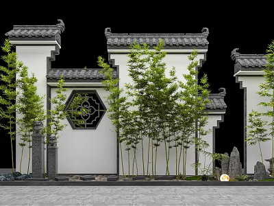 Traditional Chinese Garden Wall With Grey Roof Tiles Hexagonal Window Bamboo And Stone Lantern 3d model