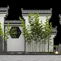 Traditional Chinese Garden Wall With Grey Roof Tiles Hexagonal Window Bamboo And Stone Lantern