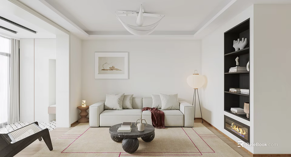 Modern Living And Dining Room With Beige Sofa Coffee Table Rug Fireplace And Decorative Bookshelf 3d model 