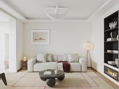 Modern Living And Dining Room With Beige Sofa Coffee Table Rug Fireplace And Decorative Bookshelf 3d model