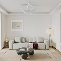 Modern Living And Dining Room With Beige Sofa Coffee Table Rug Fireplace And Decorative Bookshelf