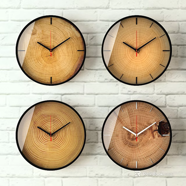 Four Natural Wooden Clocks With Tree Ring Design On White Brick Wall 3d model 