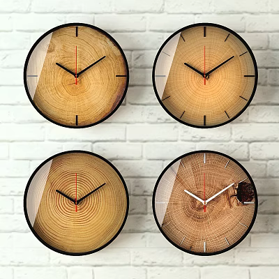 Four Natural Wooden Clocks With Tree Ring Design On White Brick Wall 3d model