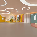 Modern Interior Space with Arched Structures Colorful Walls Circular Ceiling Lights and Potted Plants