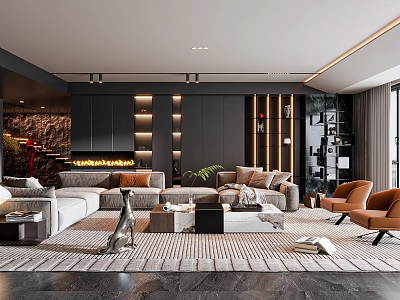 Modern Living Room Interior With Large Sofa Coffee Table Area Rug Fireplace And Accent Chairs 3d model