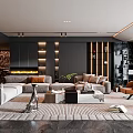 Modern Living Room Interior With Large Sofa Coffee Table Area Rug Fireplace And Accent Chairs