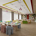 Modern Kindergarten Interior With Colorful Furniture Bookshelves And Playful Decor