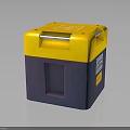 Tactical Military Weapon With Yellow Blue Cube Shaped Body White Top Handle And Side Labels