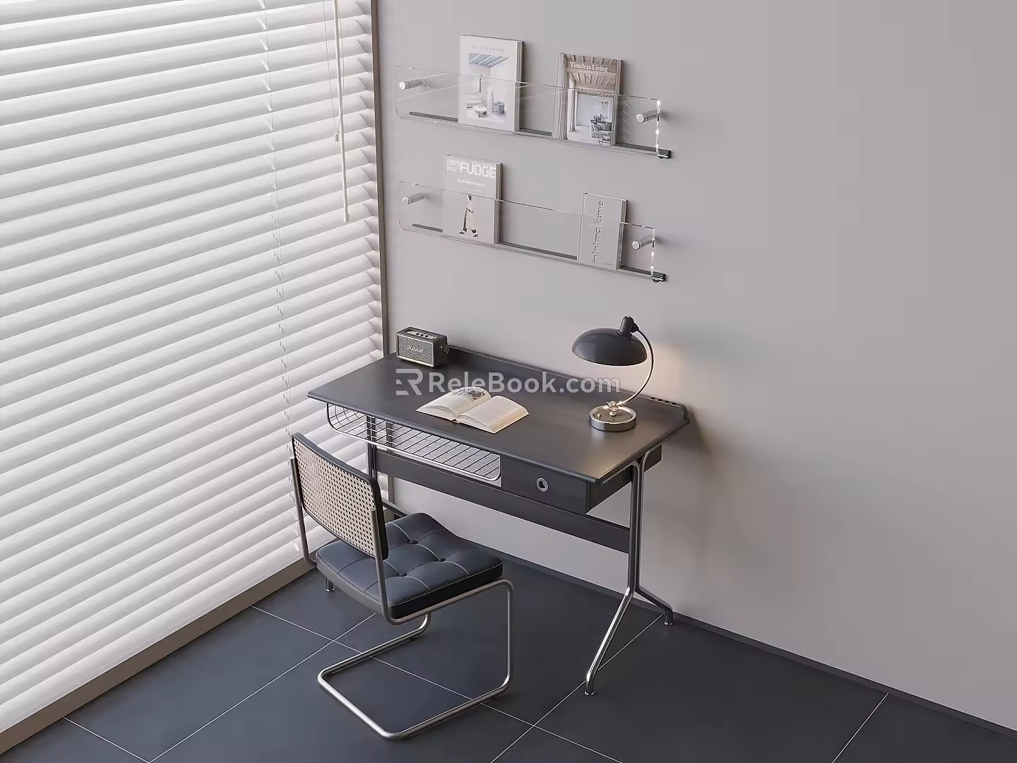 Desk and Chair Book Lamp Nordic Solid Wood Desk Bookshelf Wall Hanging Acrylic Storage Rack 3d model