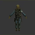 Tactical Personnel In Blue Uniform Helmet Face Mask Vest And Outstretched Arms