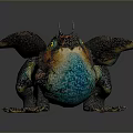 Game Movie Character Winged Dinosaur With Colorful Blue Orange Green Scaly Body And Horned Head