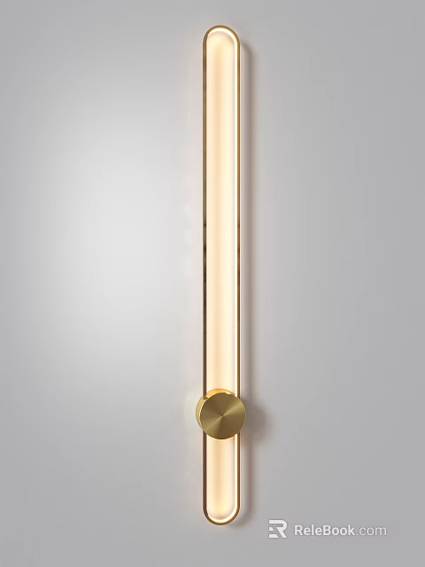Modern Brass Slim Linear Wall Lamp With Circular Base Warm Light Illumination 3d model 