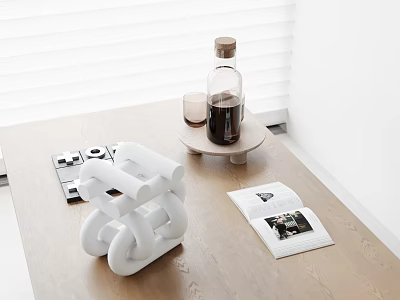 White Geometric Inflatable Decor Piece On Wooden Table With Magazine And Blinds 3d model