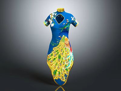 Blue Traditional Cheongsam with Peacock Feather Pattern and Floral Embroidery Details 3d model
