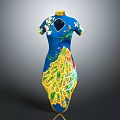 Blue Traditional Cheongsam with Peacock Feather Pattern and Floral Embroidery Details