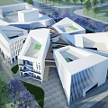 Modern Museum Building with Geometric Architectural Design and Purple Flower Gardens