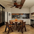 Modern Living Dining Room Interior With Black Leather Sofa Wooden Ceiling Fan And Patterned Area Rug