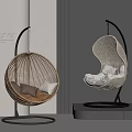 Modern Rattan Hanging Chair with Dark and Light Pillows and Metal Stand in Interior Design