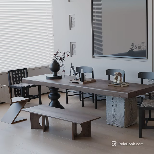 Modern Wooden Dining Table Set with Chairs Bench Vase and Books 3d model 