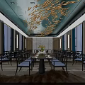 Elegant Modern Banquet Hall Interior With Golden Artistic Ceiling Dining Tables And Chairs