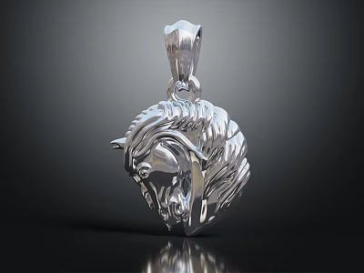 Silver Horse Head Pendant Jewelry with Intricate Mane Design and Shiny Finish 3d model