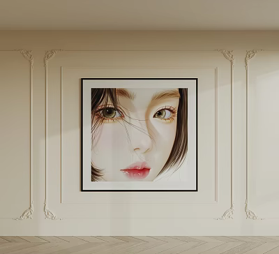 Portrait Painting Of Female Face Hanging On Decorative Wall With Black Frame And Intricate Details 3d model