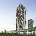 Modern High Rise Residential Towers With Swimming Pool And Greenery Under Blue Sky