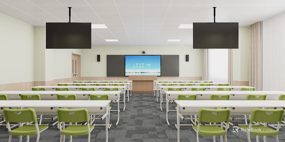 Modern Classroom Interior With Green Chairs White Desks And Large Front Screen 3d model 