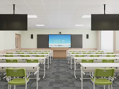 Modern Classroom Interior With Green Chairs White Desks And Large Front Screen 3d model