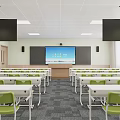 Modern Classroom Interior With Green Chairs White Desks And Large Front Screen