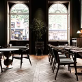 Elegant Modern Restaurant Interior With Arched Windows Herringbone Floor Long Dining Tables And Wooden Chairs