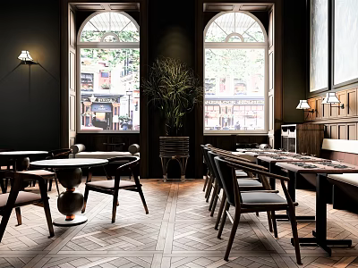 Elegant Modern Restaurant Interior With Arched Windows Herringbone Floor Long Dining Tables And Wooden Chairs 3d model