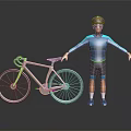 3D Model Cyclist in Blue Outfit With Purple Helmet Standing by Wooden Frame Bicycle