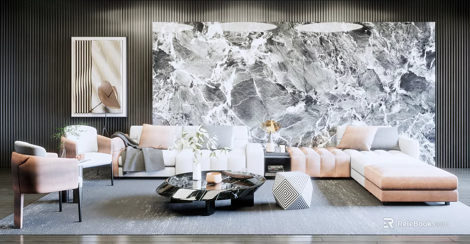 Modern Light Colored Sofa And Coffee Table Set With Marble Wall And Throw Pillows 3d model 