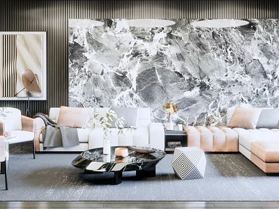 Modern Light Colored Sofa And Coffee Table Set With Marble Wall And Throw Pillows 3d model