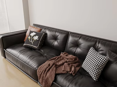 Black Leather Sofa With Floral Checkered Pillows And Brown Blanket In Living Room 3d model