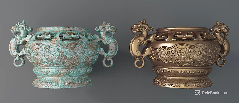 Garden Landscape With Decorative Bronze Vessels Featuring Dragon Handles And Intricate Patterns 3d model 