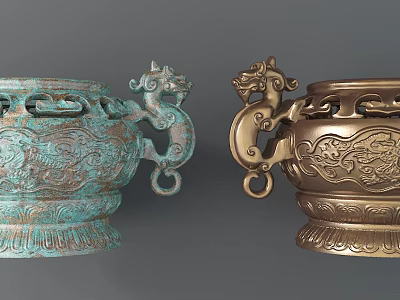 Garden Landscape With Decorative Bronze Vessels Featuring Dragon Handles And Intricate Patterns 3d model