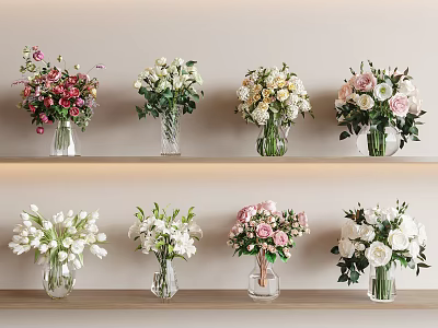 Multiple Vase Flower Arrangements with Mixed Blooms on Wooden Shelf 3d model