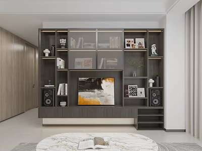 Modern Living Room Decorative Cabinet With TV Books Artwork And Plants 3d model