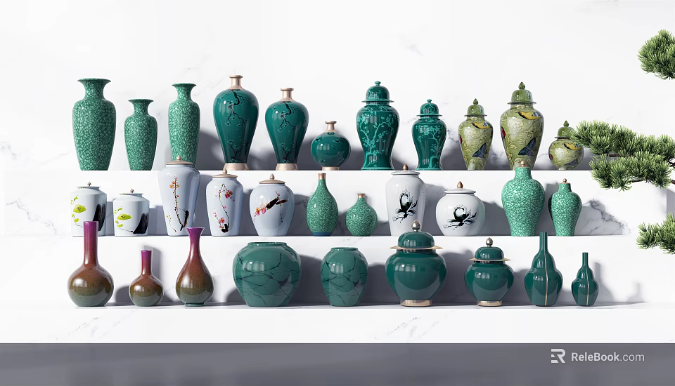 Various Green And White Ceramic Vessels With Decorative Patterns On 3d model